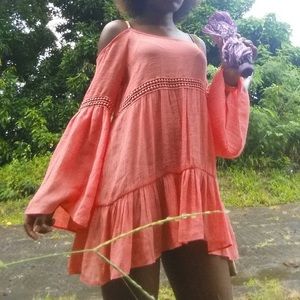 Loose-fitted, Long-sleeved, Beach Dress - Peach